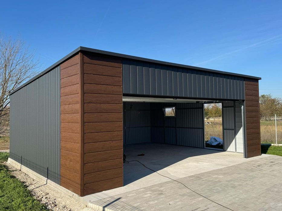 Garaż blaszany nowoczesny 7x6 brama segmentowa konstrukcja ocynk