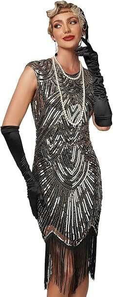 Sukienka Glamour 1920 Charleston Wielki Gatsby Czarno Złota XL