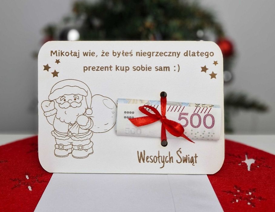 Bon podarunkowy na pieniądze świąteczny sklejka koperta wstążka
