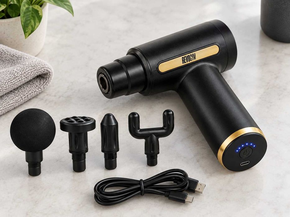 Nowy Pistolet Do Masażu Massage Gun 6 Prędkości 4 Końcówki USB-C 3200 U/Min Masażer Mięśni Pleców Nóg Ciała Czarny Złoty