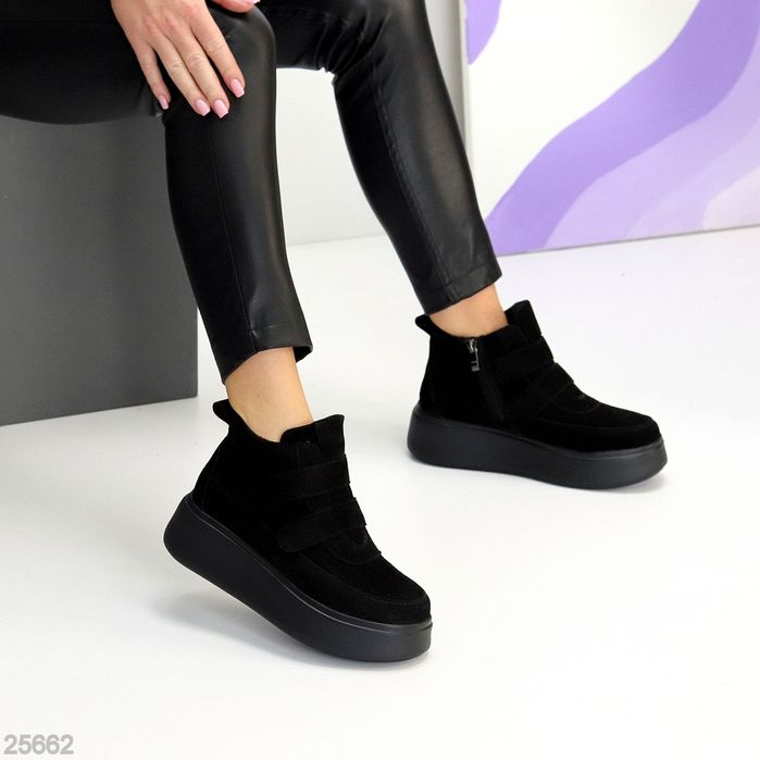 Жіночі черевики ботинки на липучках замшеві зимові  чорні