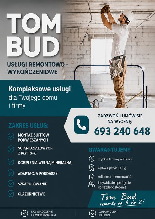 Wykończenia wnętrz: regipsy, poddasza, wełnowanie, szpachlowanie.