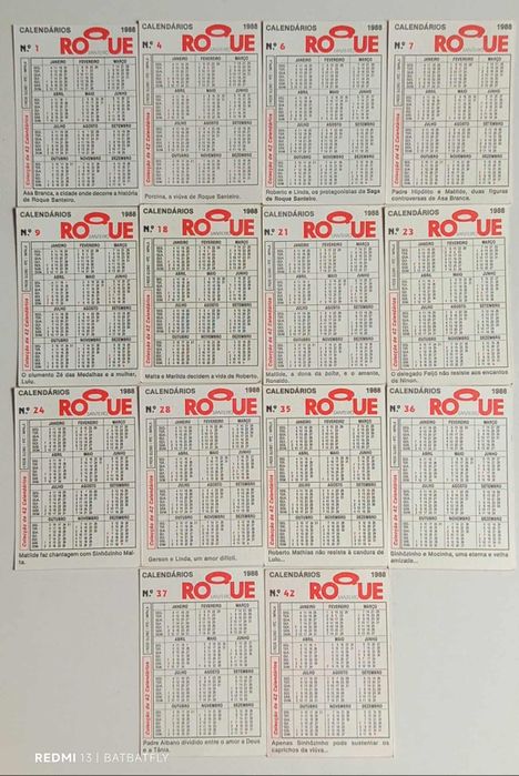 Conjunto de 14 calendários de 1988 da conhecida novela Roque Santeiro