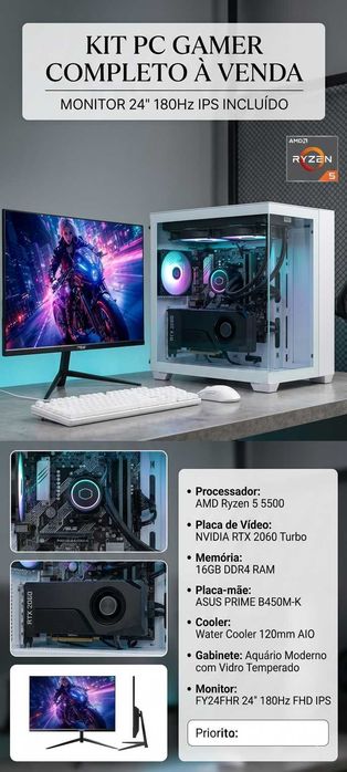 PC Gamer Completo + Monitor 180Hz | Ryzen 5 + RTX 2060