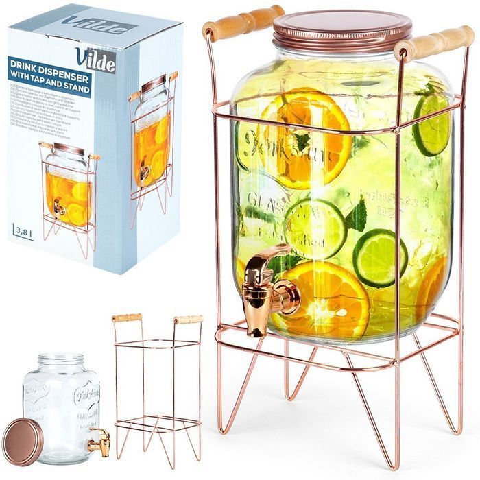 Słój do napojów z kranikiem i stojakiem złotym 4,2 l