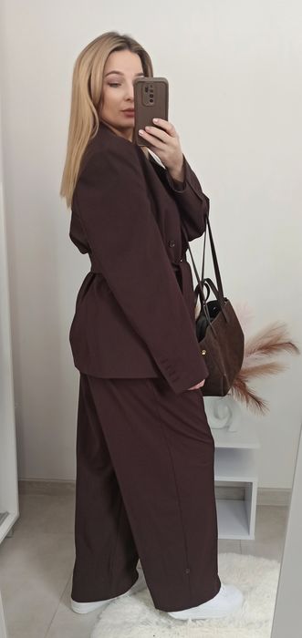 Zara garnitur czekoladowy brązowy spodnie marynarka wiązana s 36