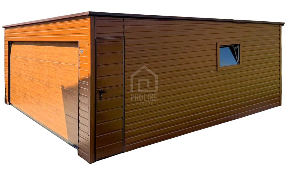 Garaż blaszany 6x5m brama segmentowa drzwi okno spad w tył PLG232