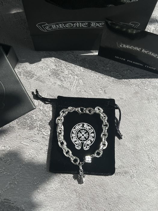 Браслет з підвіскою-хрестом Chrome Hearts / Ланцюг з кубіком Хром Хартс / кулон сірий новий Хром Хардс