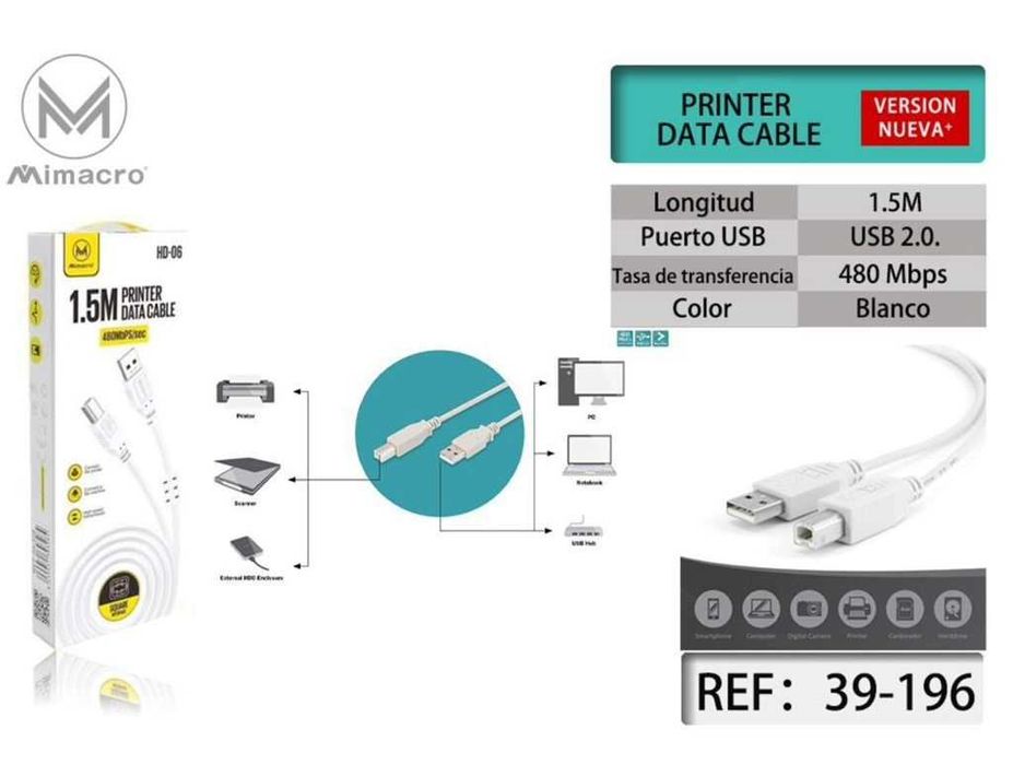 Cabo Para Impressora 1.5M / 3M 480MbPS/sec