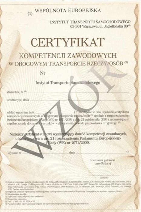 Certyfikat kompetencji zawodowych w drogowym transporcie rzeczy.