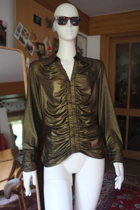 złota metaliczna wieczorowa marszczona bluzka Badgley Mischka brokat