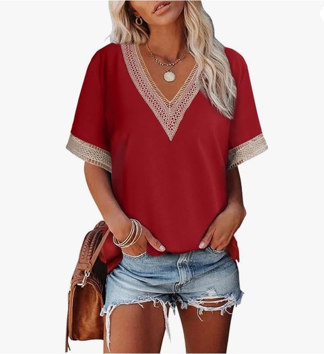 Elegancka bluzka damska z dekoltem w serek,czerwona, rozmiar S Dokotoo