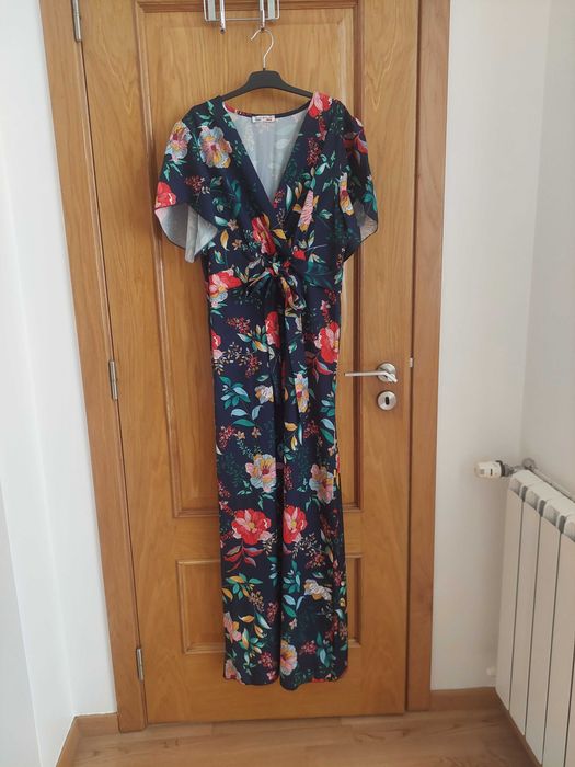 Vestido azul escuro, com padrão floral, comprido, 40, NOVO