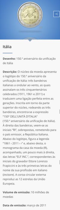 Moeda Comemorativa 150.° Aniversário da Unificação de Itália