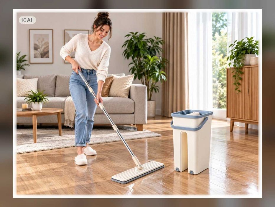 Nowy Mop Płaski Z Wiadrem Dwukomorowym Wyciskacz 2 Wkłady 120 Cm