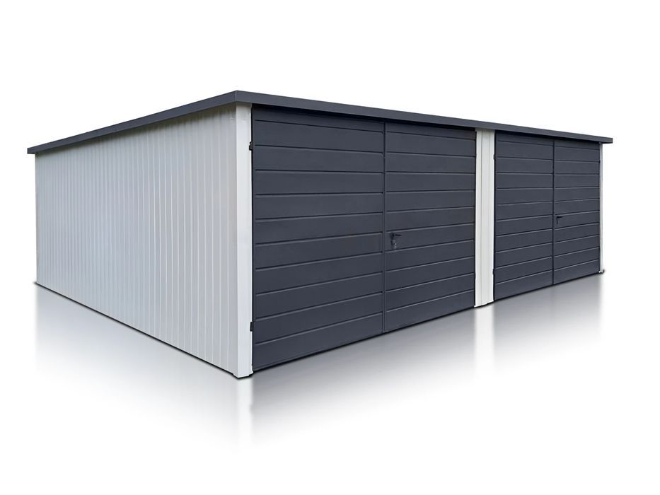 Garaż dwustanowiskowy 7x5 m - Dach jednospadowy, Brama dwuskrzydłowa,