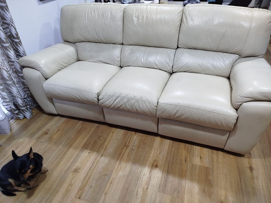 Sofá de 3 lugares relax em pele - creme