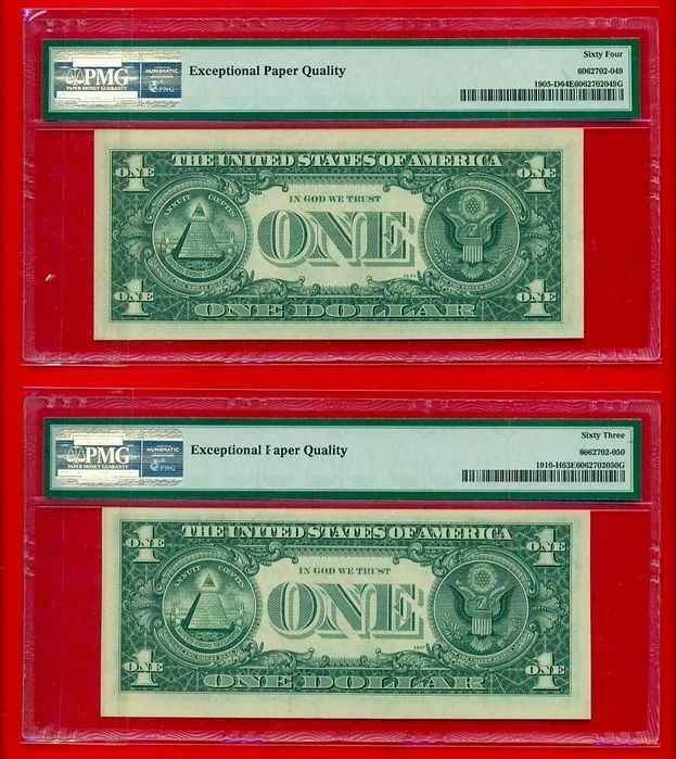 2x notas PMG $1 dos E.U.A. - RF - Mesmo Número Capicua Unc