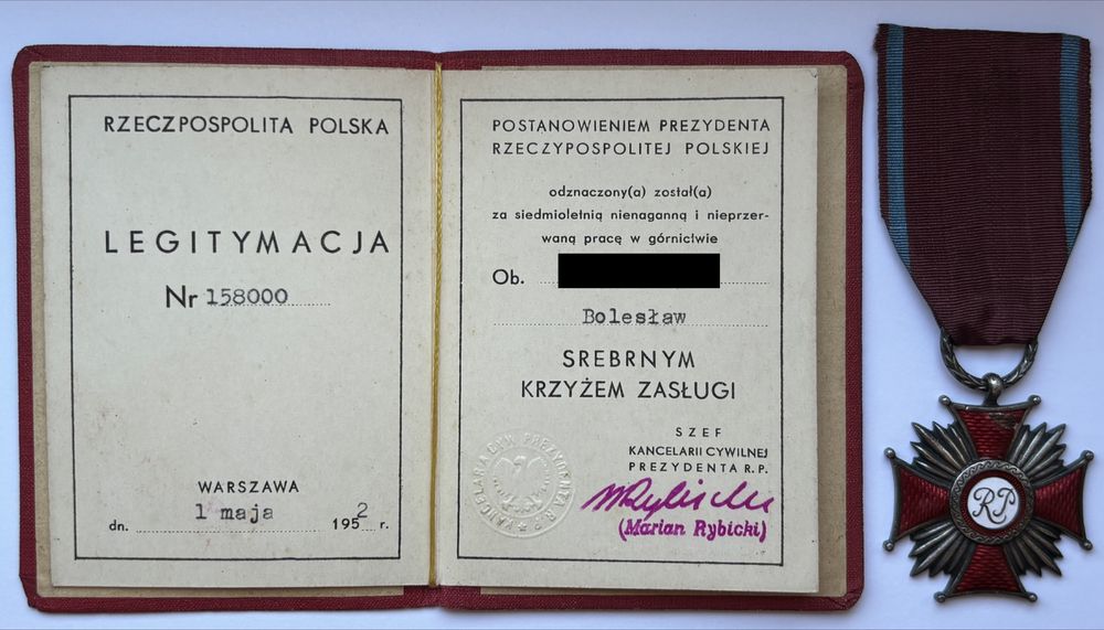 Srebrny krzyż zasługi 1952 RP legitymacja odznaka odznaczenia medale