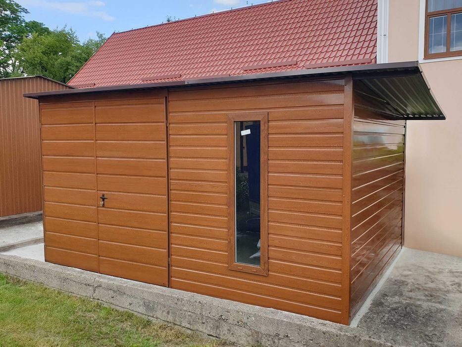 Domek ogrodowy 4x3m- złoty dąb ciemny + zadaszenie + okno premium