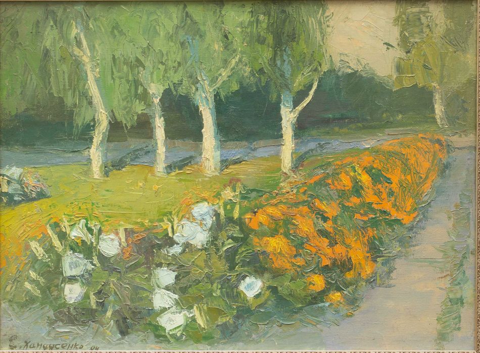 Eugeniusz Chandusenko. Pejzaż z kwiatami