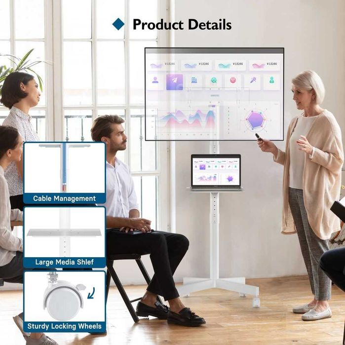 Suporte de TV móvel com rodas ajustável para TVs de 23"-60" - Branco