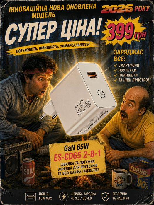 Зарядное устройство Essager GaN 65W сетевое ES-CD65 65 ватт  2-в-1  быстрая и мощная зарядка для ноутбуков Киев Позняки самовывоз