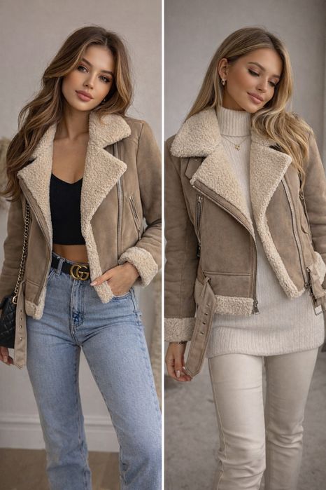 Beżowa ramoneska z kożuszkiem – Stradivarius