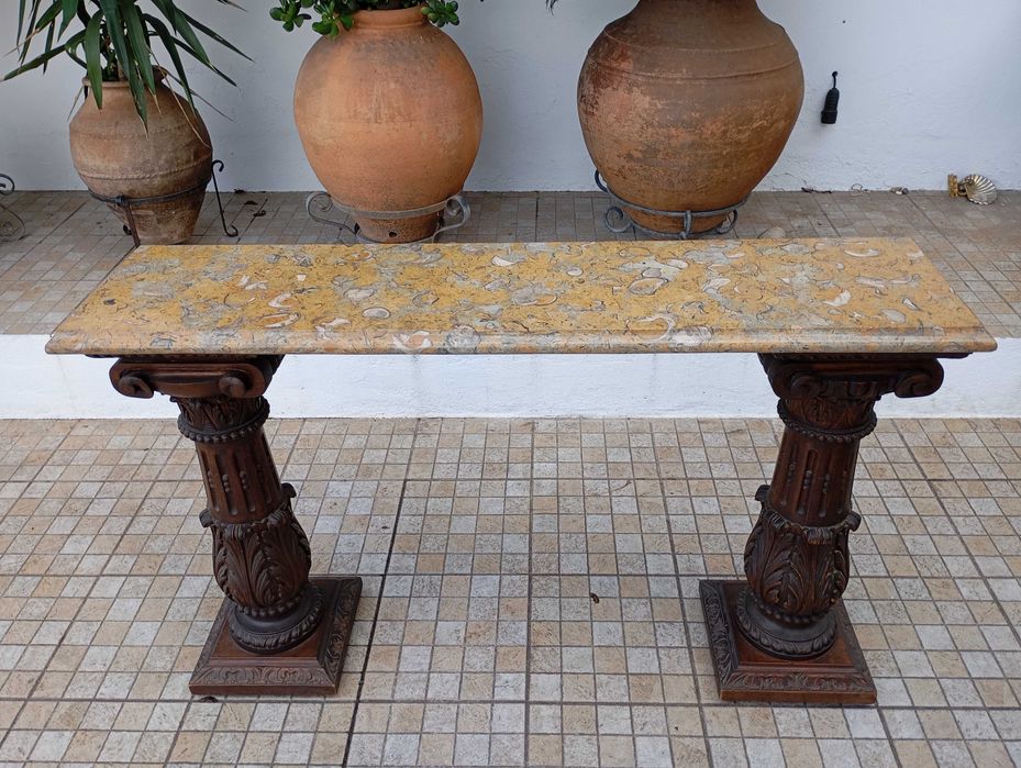 Aparador Antigo Consola Colunas Talhadas a Mão Pedra Rara do Mar Egeu