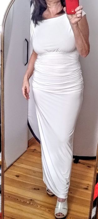 Długa biała sukienka bodycon, dwuwarstwowa modelująca