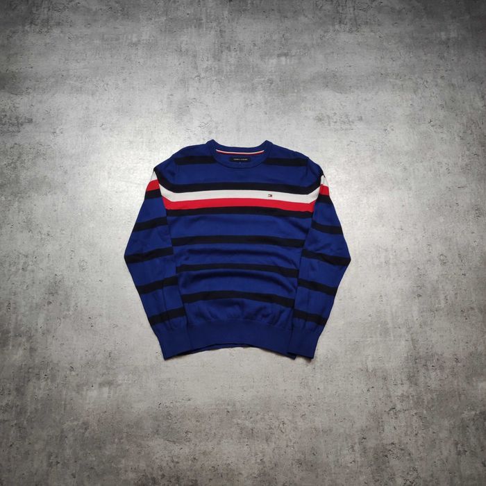 MĘSKI PREMIUM Elegancki Sweter Granat Paski Tommy Hilfiger Bawełna