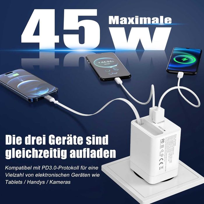 ładowarka USB-C 65 W, 3-portowy zasilacz sieciowy, szybka ładowarka