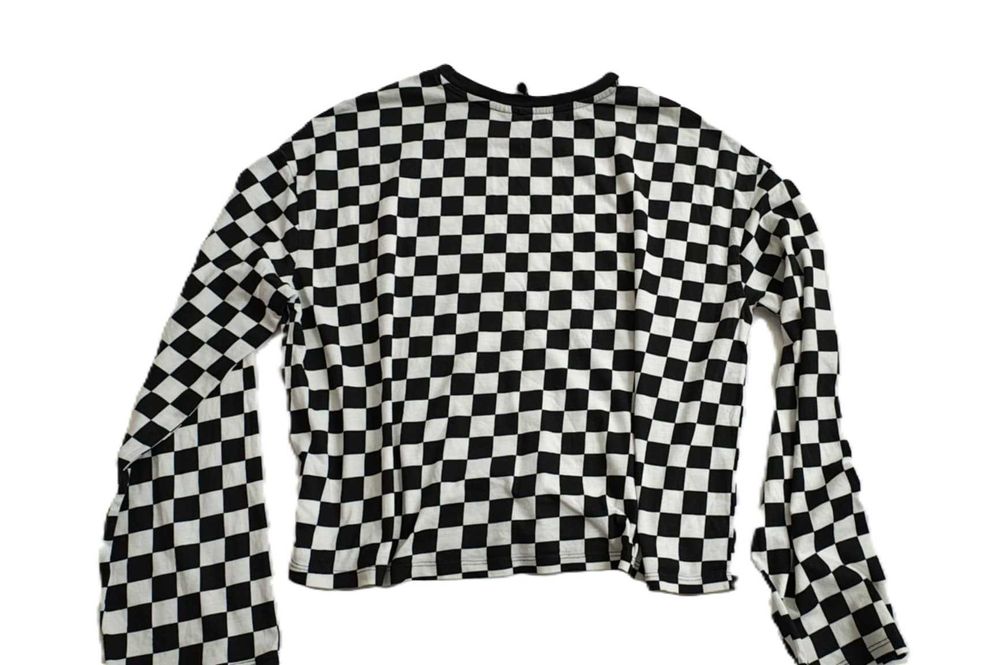 Bluzka biało-czarna szachownica krótka prosta długi rękaw bawełniana