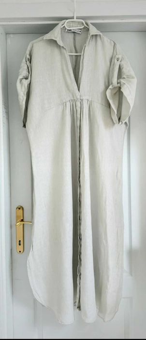 Zara długa maxi oversize letnia lniana sukienka w stylu Boho L