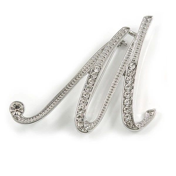 'M' Rhodium Plated Clear Crystal Letter M Alphabet Initial Brooch Pers