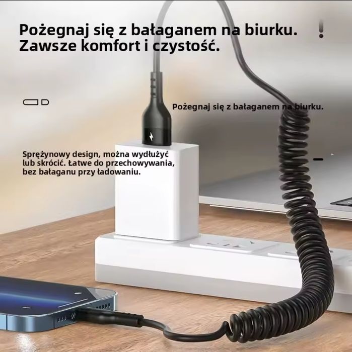 Kabel spiralny  USB C-USB C  szybkie ładowanie