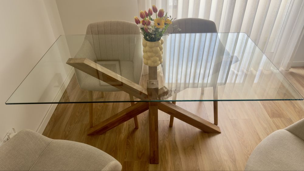 Mesa de jantar 90x160 vidro/carvalho natural