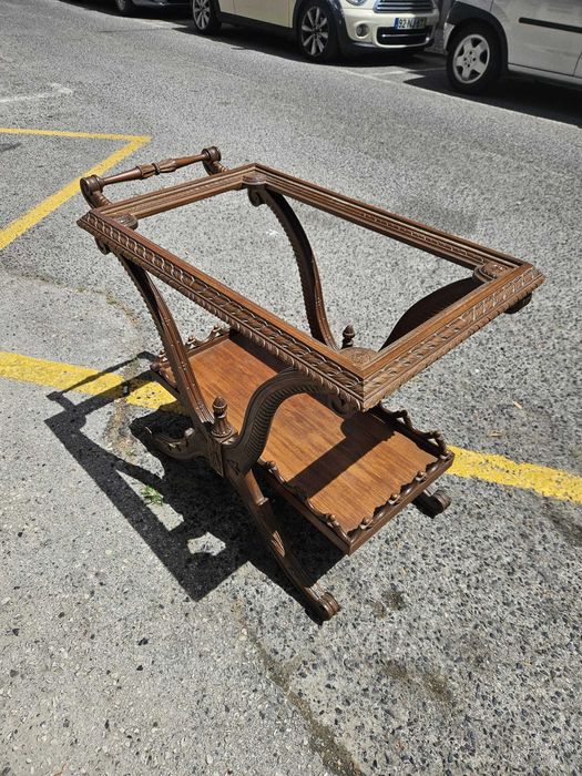 Mesa de Apoio de Chá Vintage em Madeira com Tampo de Vidro