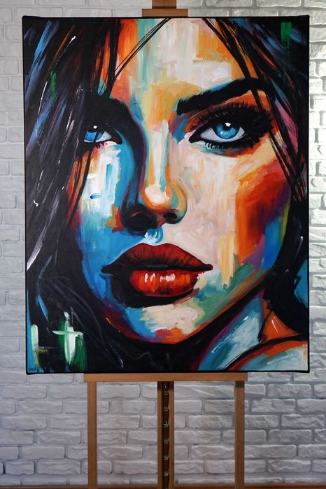 Duży ręcznie malowany obraz olejny 80x100 abstrakcyjny portret kobiety