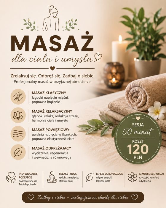 Masaż klasyczny, relaksujący, odprężający
