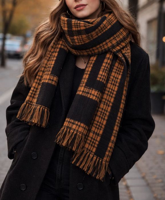 Szalik czarno-musztardowy krata oversize jesień/zima