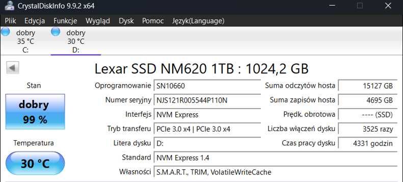Dysk NVMe SSD Lexar NM620 1 TB