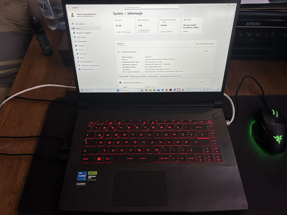 Laptop Gamingowy Msi GF63 i5 12 gen rtx 3050 16gb ram do gier
