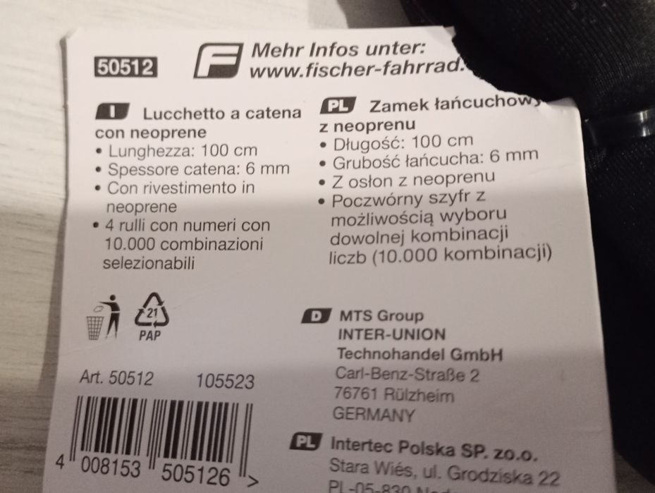 Zamek łańcuchowy do roweru