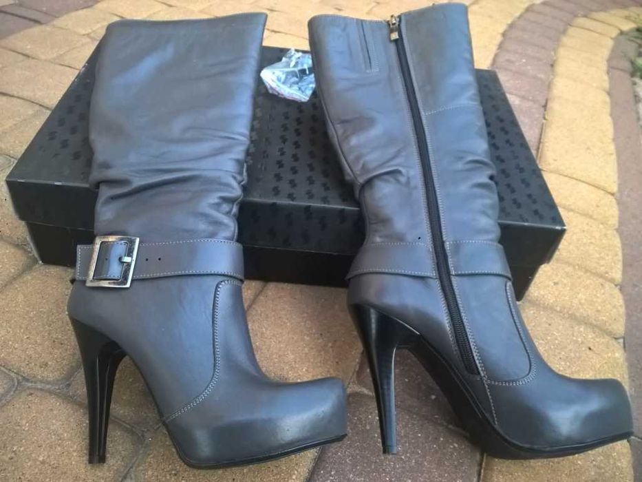 NOWE Buty-Kozaki MUSZKIETERKI36 Natural skóra-100% SZARY I-Klasa Gw.6m