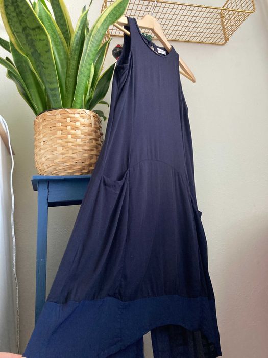 Nowa luźna granatowa sukienka z kieszeniami, jak Risk, S/M