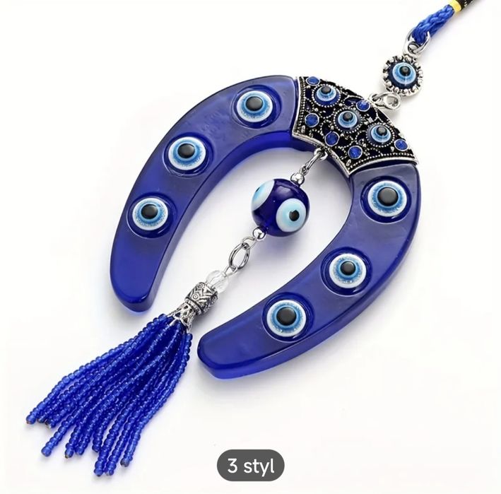 Niebieska Zawieszka z frędzliem w kształcie podkowy z oczkiem szczęści