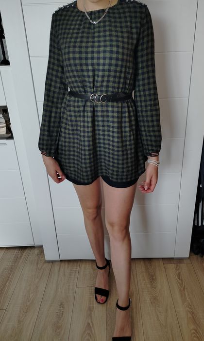 kombinezon Zara L zielono czarny w pepitkę krótki z długim rękawem