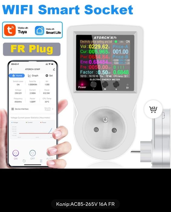 Розумний Wi-Fi TUYA розетковий лічильник електроенергії