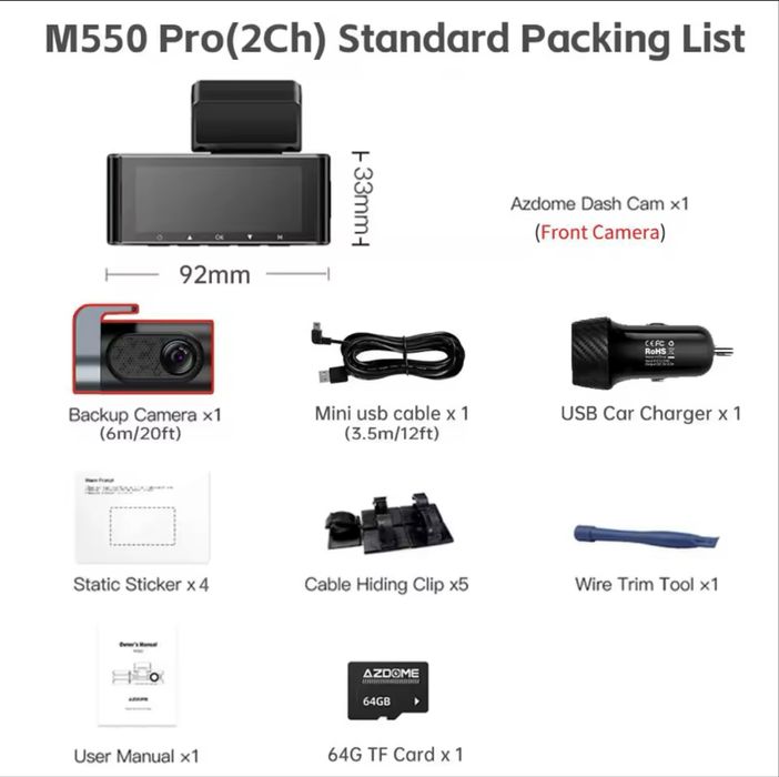 Відеореєстратор 4K AZDOME M550 Pro Wi-Fi + задня камера + 64Gb карта